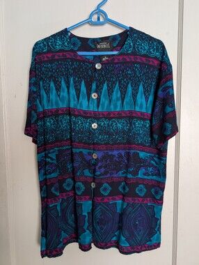 Fashion Influences Navy Blue & Teal Printed Button Front Top